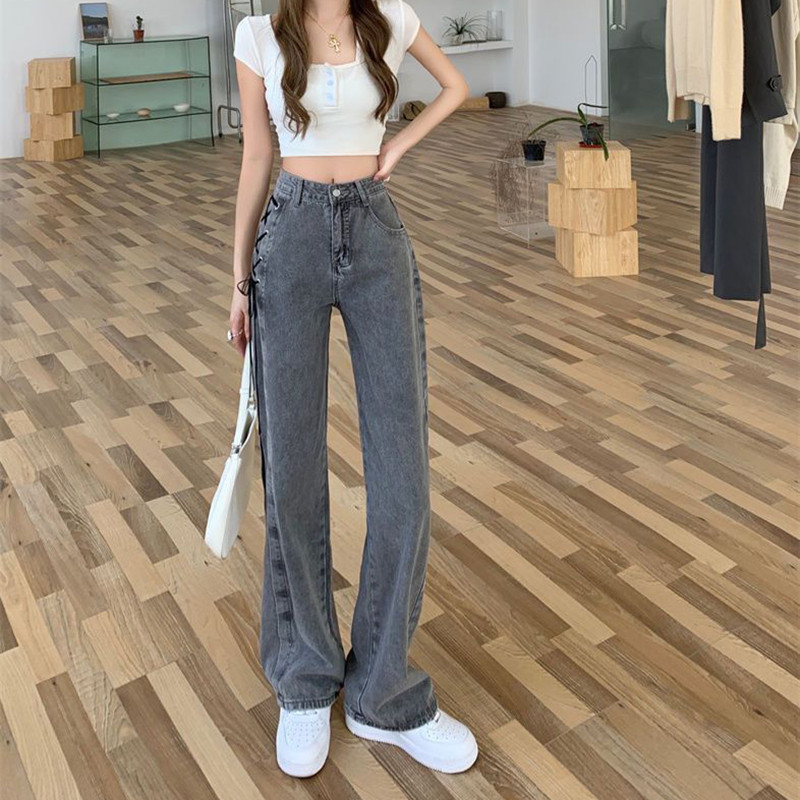 Blugi cu design cu șireturi, gri, negru, pentru femei, pantaloni drepți din denim cu talie înaltă, pentru femei, toamnă iarnă, pantaloni noi șic cu picioare largi