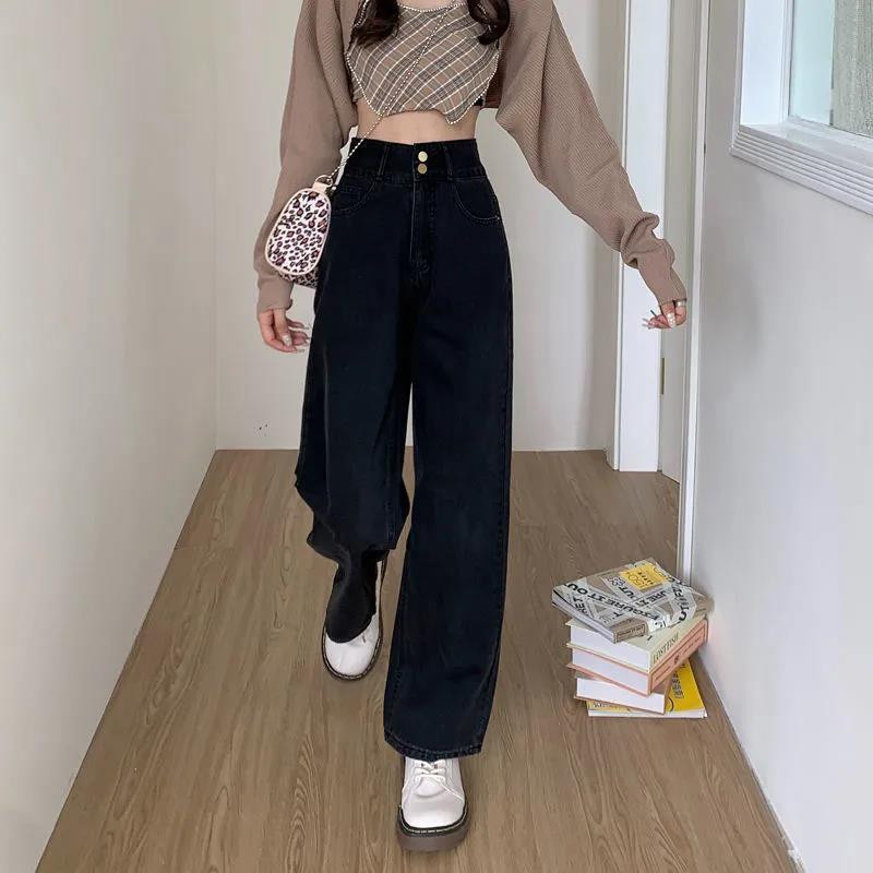 Crne traperice, ženske traperice visokog struka pune dužine, vintage modne hlače Ulična odjeća, široke široke hlače u korejskom stilu