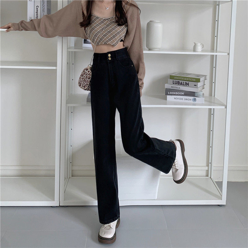 Crne traperice, ženske traperice visokog struka pune dužine, vintage modne hlače Ulična odjeća, široke široke hlače u korejskom stilu