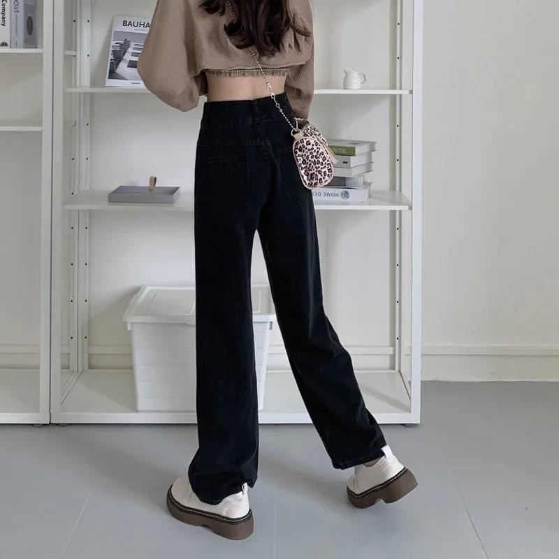 Crne traperice, ženske traperice visokog struka pune dužine, vintage modne hlače Ulična odjeća, široke široke hlače u korejskom stilu