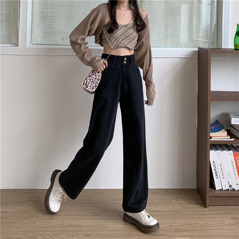 Crne traperice, ženske traperice visokog struka pune dužine, vintage modne hlače Ulična odjeća, široke široke hlače u korejskom stilu