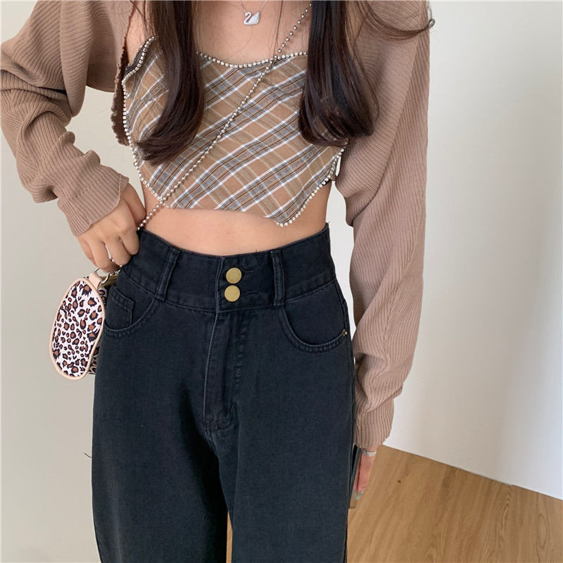 Crne traperice, ženske traperice visokog struka pune dužine, vintage modne hlače Ulična odjeća, široke široke hlače u korejskom stilu