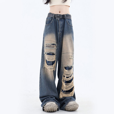 Y2K Vintage Μαύρη Τρύπα Γυναικεία Τζιν Bf Καλοκαιρινό μπλε ψηλόμεσο Hip Hop Φαρδύ παντελόνι με φαρδύ πόδι Κορεάτικο μονόχρωμο ίσιο παντελόνι τζιν Νέο