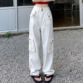 Zoki Fashion φαρδύ Streetwear τζιν παντελόνι Y2K Καλοκαιρινό Vintage Παντελόνι Cargo με μεγάλη τσέπη Κορεάτικο τζιν ψηλόμεσο σε καθαρό χρώμα