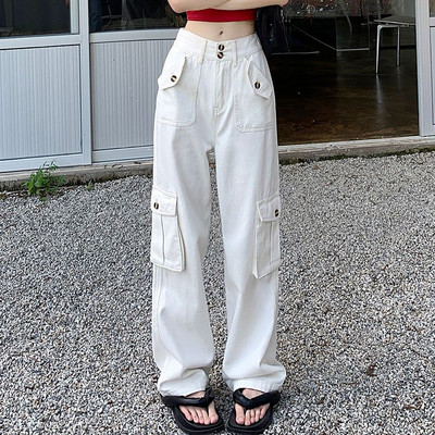 Zoki Fashion φαρδύ Streetwear τζιν παντελόνι Y2K Καλοκαιρινό Vintage Παντελόνι Cargo με μεγάλη τσέπη Κορεάτικο τζιν ψηλόμεσο σε καθαρό χρώμα