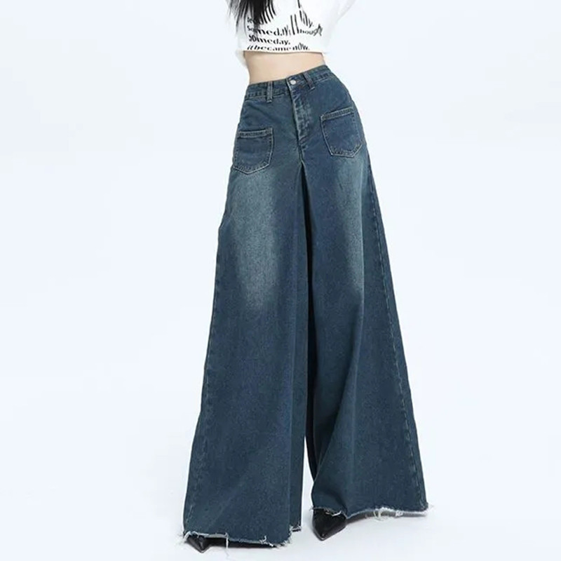Negabaritinės laisvos plačios džinsai Moteriški Retro aukšto juosmens laisvalaikio kelnės Madingi gatvės drabužiai Solid All Match tiesios džinsinės kelnės