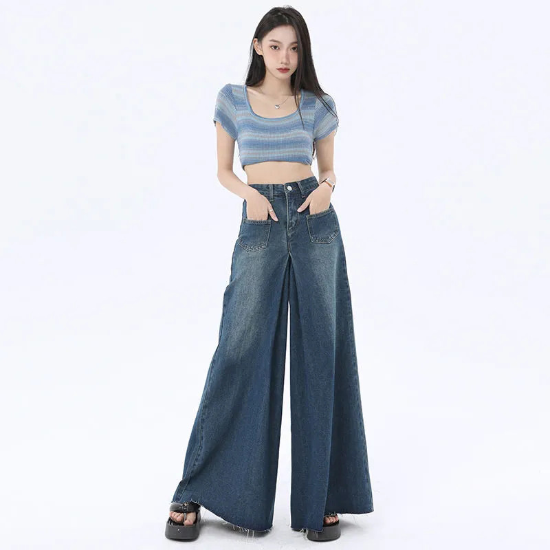 Negabaritinės laisvos plačios džinsai Moteriški Retro aukšto juosmens laisvalaikio kelnės Madingi gatvės drabužiai Solid All Match tiesios džinsinės kelnės