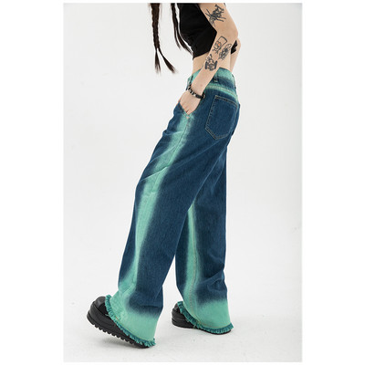 Γυναικείο τζιν ψηλόμεσο Vintage ίσιο φαρδύ παντελόνι Κομψό σχέδιο Streetwear ντεγκραντέ Χρώμα Hip Hop Y2K Φαρδύ τζιν παντελόνι