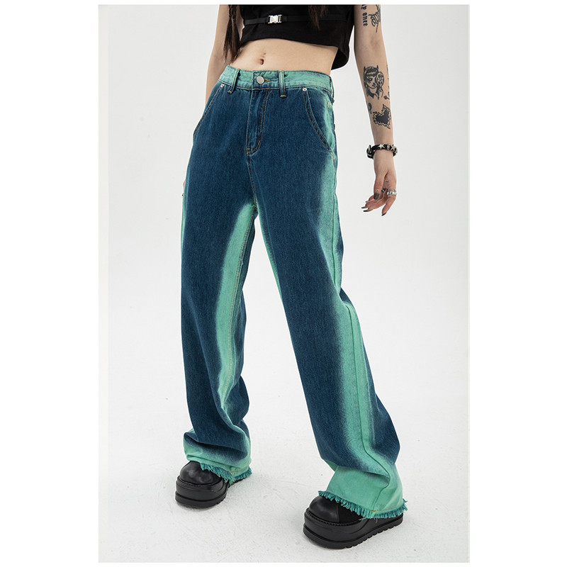Γυναικείο τζιν ψηλόμεσο Vintage ίσιο φαρδύ παντελόνι Κομψό σχέδιο Streetwear ντεγκραντέ Χρώμα Hip Hop Y2K Φαρδύ τζιν παντελόνι