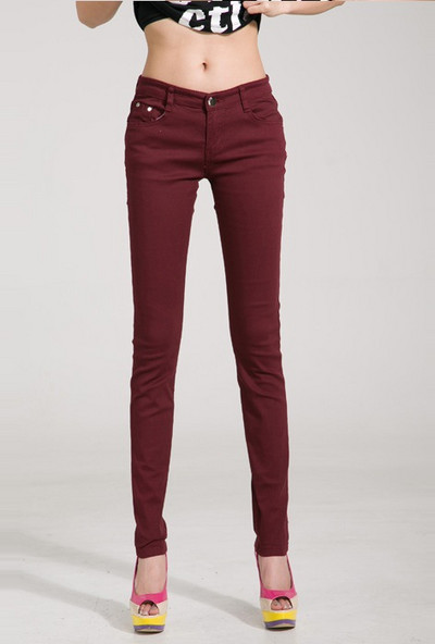 Püksid Naised Elastne pliiats Teksad Püksid Candy Värvilised Vöökoha keskosa Tõmblukk Slim Fit Kitsad täispikad naiste püksid naisele