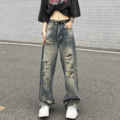 Γυναικείο πάτο Μπλε vintage τζιν σφουγγαρίστρας πλυμένο σκισμένο φαρδύ παντελόνι με φαρδύ πόδι High Street Straight τζιν παντελόνι γυναικείο καλοκαίρι