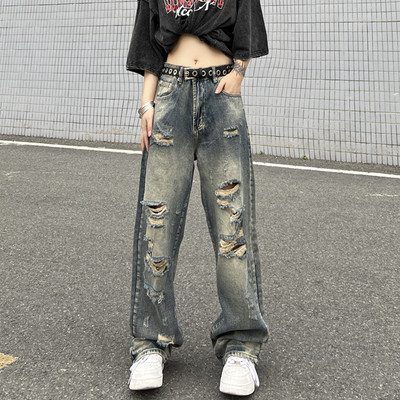 Γυναικείο πάτο Μπλε vintage τζιν σφουγγαρίστρας πλυμένο σκισμένο φαρδύ παντελόνι με φαρδύ πόδι High Street Straight τζιν παντελόνι γυναικείο καλοκαίρι