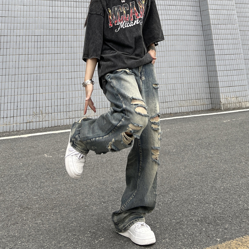 Γυναικείο πάτο Μπλε vintage τζιν σφουγγαρίστρας πλυμένο σκισμένο φαρδύ παντελόνι με φαρδύ πόδι High Street Straight τζιν παντελόνι γυναικείο καλοκαίρι