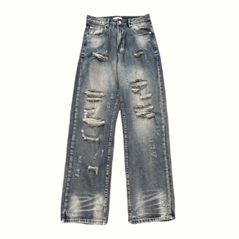 Γυναικείο πάτο Μπλε vintage τζιν σφουγγαρίστρας πλυμένο σκισμένο φαρδύ παντελόνι με φαρδύ πόδι High Street Straight τζιν παντελόνι γυναικείο καλοκαίρι