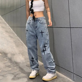 Vezene traperice Ženske ravne vrećaste hlače širokih nogavica Proljeće i jesen Korejska moda Ženske hlače u visokom uličnom hip-hop stilu