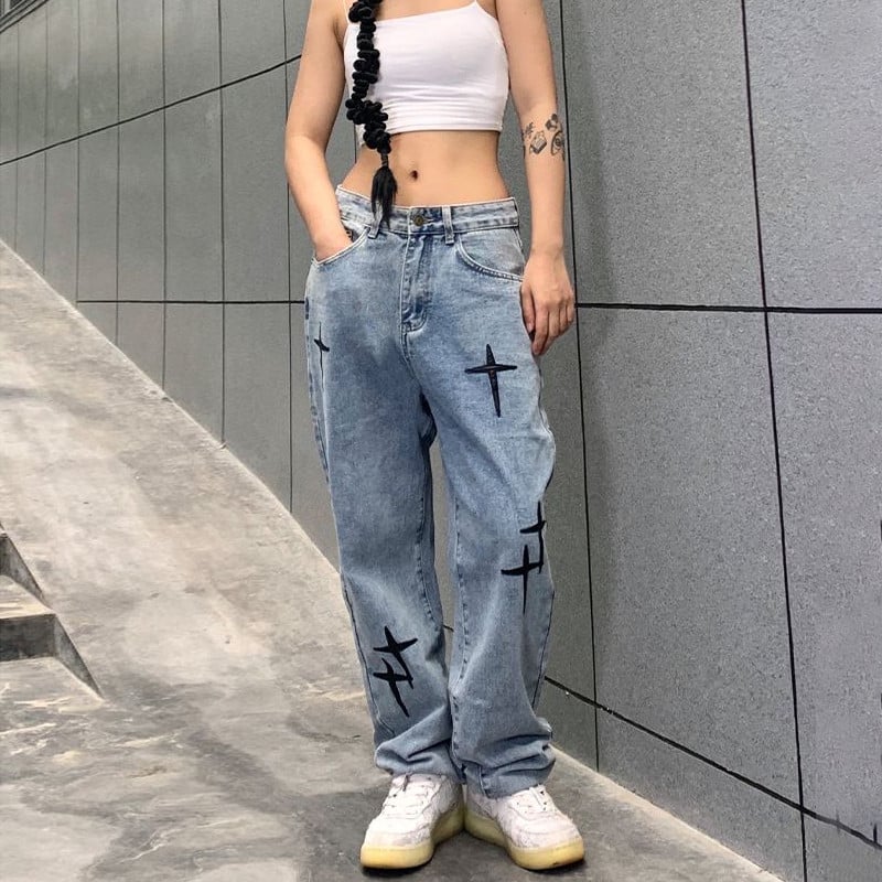 Vezene traperice Ženske ravne vrećaste hlače širokih nogavica Proljeće i jesen Korejska moda Ženske hlače u visokom uličnom hip-hop stilu