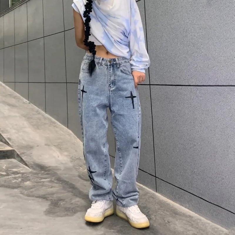 Vezene traperice Ženske ravne vrećaste hlače širokih nogavica Proljeće i jesen Korejska moda Ženske hlače u visokom uličnom hip-hop stilu