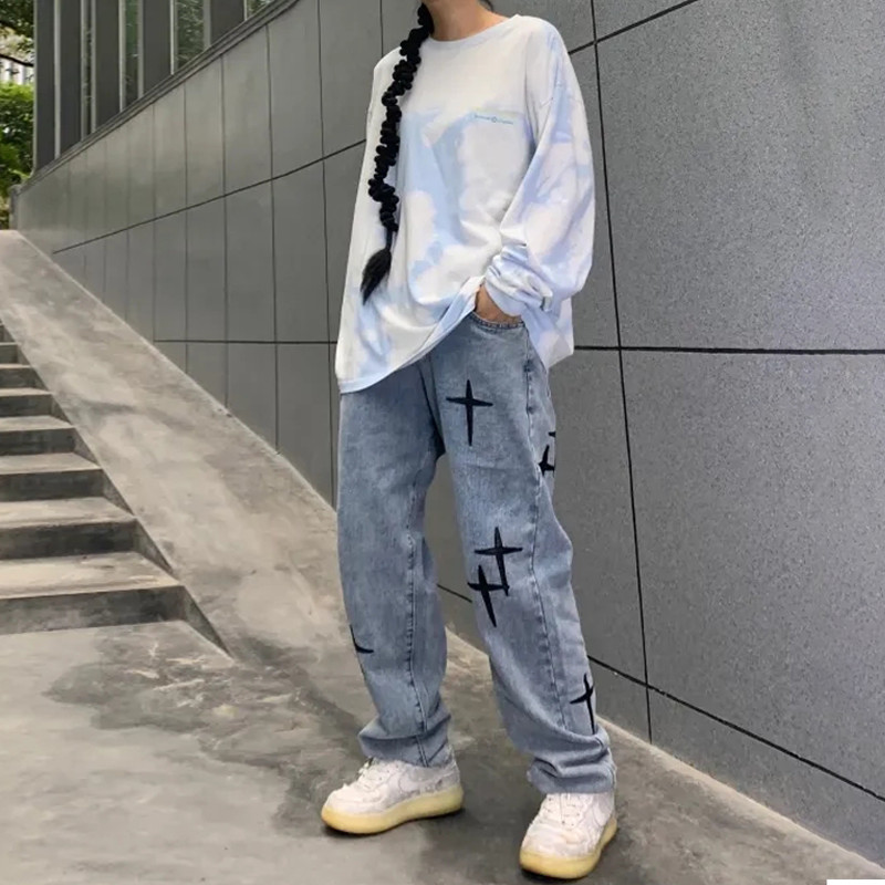 Vezene traperice Ženske ravne vrećaste hlače širokih nogavica Proljeće i jesen Korejska moda Ženske hlače u visokom uličnom hip-hop stilu