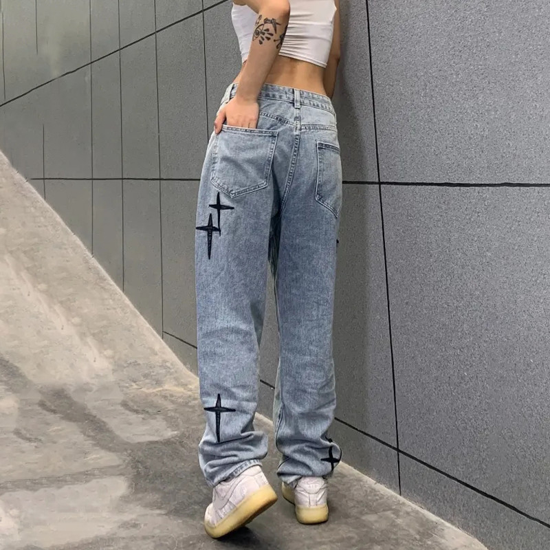 Vezene traperice Ženske ravne vrećaste hlače širokih nogavica Proljeće i jesen Korejska moda Ženske hlače u visokom uličnom hip-hop stilu