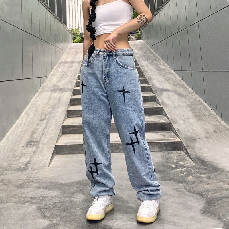 Vezene traperice Ženske ravne vrećaste hlače širokih nogavica Proljeće i jesen Korejska moda Ženske hlače u visokom uličnom hip-hop stilu