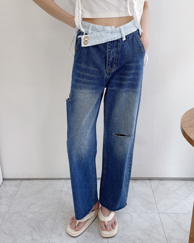 Τζιν Γυναικεία 2023 Νέο προϊόν Σχεδιασμός Sense Εξάρθρωση Διπλή μέση Casual Loose Τύπος Φαρδύ Παντελόνι Τζιν Κορεατικής μόδας