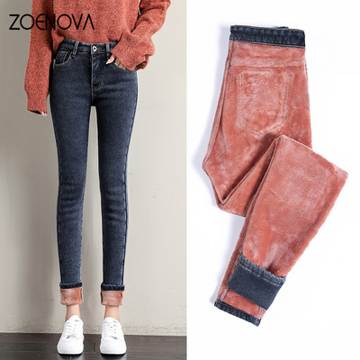 ZOENOVA Ženske traperice Thermal Winter Snow Tople Plišane rastezljive Jean Lady Skinny Thicken Fleece Studentske hlače Ženske retro hlače