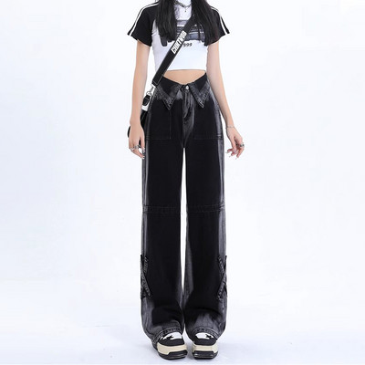Moteriškos Harajuku mados Kontrastingos spalvos Džinsinės Kelnės Baggy Cyber Design Džinsai Plačios Ilgos Kelnės Grunge Goth Y2k Streetwear