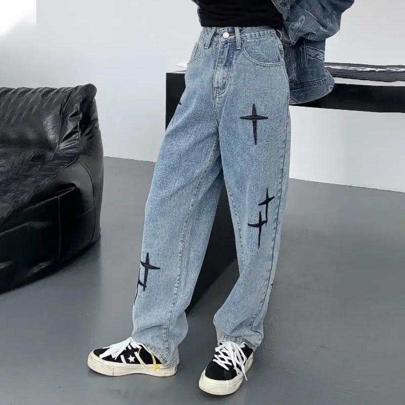 Ulična odjeća Vez Vintage traperice Ženske Y2K ravne široke hlače visokog struka Korejske modne svestrane Harajuku traper hlače