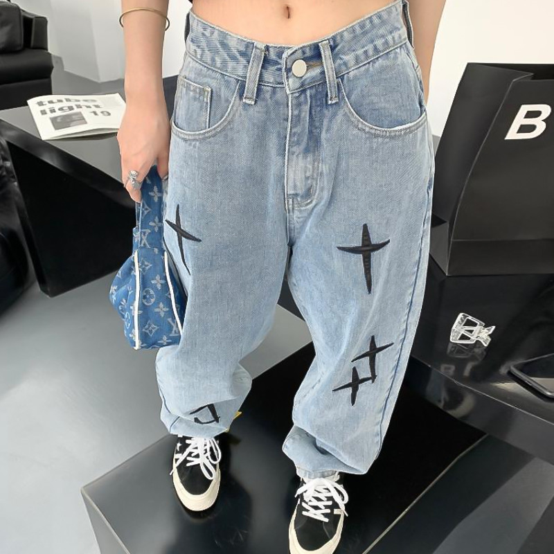 Ulična odjeća Vez Vintage traperice Ženske Y2K ravne široke hlače visokog struka Korejske modne svestrane Harajuku traper hlače