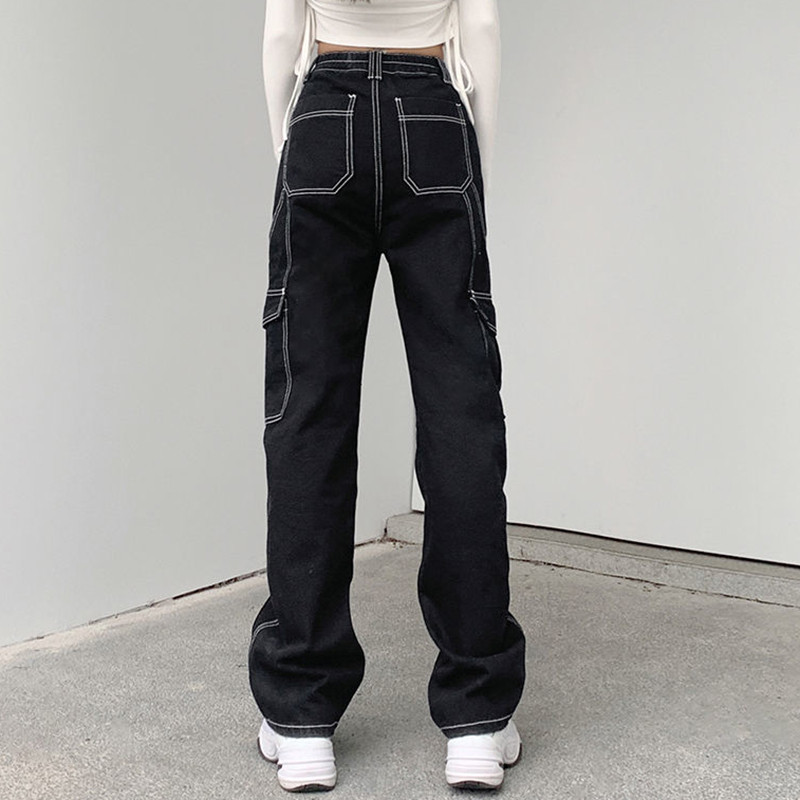 Biyaby Harajuku Τσέπες Συνονθύλευμα φαρδύ τζιν Γυναικείο 2022 Φθινόπωρο μαύρο παντελόνι τζιν με φαρδύ πόδι Γυναικείο Streetwear Loose Cargo παντελόνι