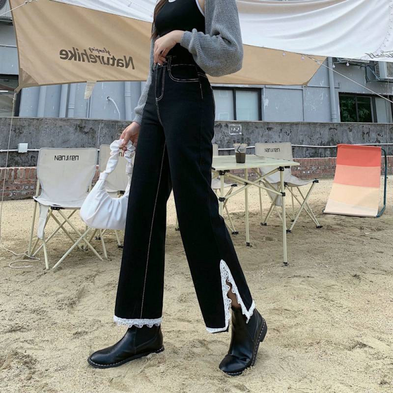 Traperice s čipkastim prorezima. Korejske ženske hlače. Vintage hlače s visokim strukom. Prevelike hlače širokih nogavica. Ženske novosti. Ulična odjeća od trapera.