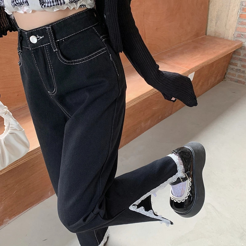 Traperice s čipkastim prorezima. Korejske ženske hlače. Vintage hlače s visokim strukom. Prevelike hlače širokih nogavica. Ženske novosti. Ulična odjeća od trapera.