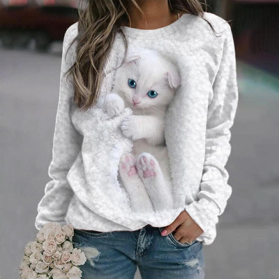 Egyszerű női Kényelmes O-nyakú, szép fehér macskamintás alkalmi pulóver