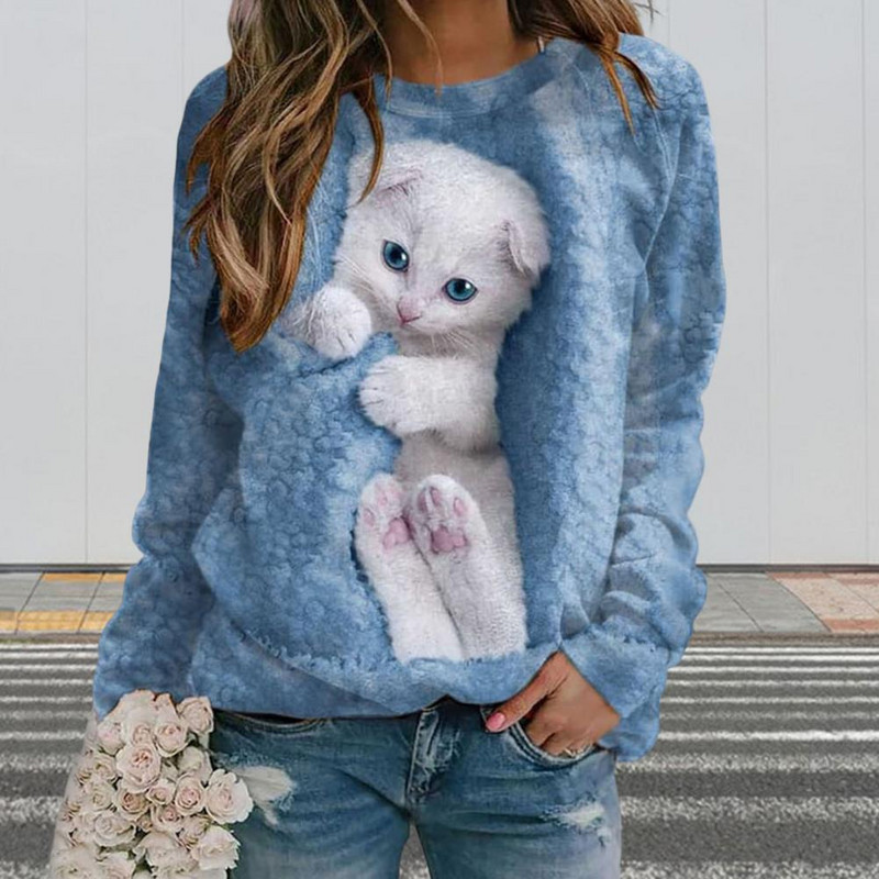 Jednostavna ženska majica s kratkim rukavima Udobna majica s O-izrezom Ljupki bijeli mačji print Ležerna osnovna majica s kratkim rukavima