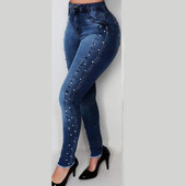 Traperice Hlače Ženske uske uske elastične traper hlače visokog struka Femme Vintage Push Up pencil traperice s plavim perlama