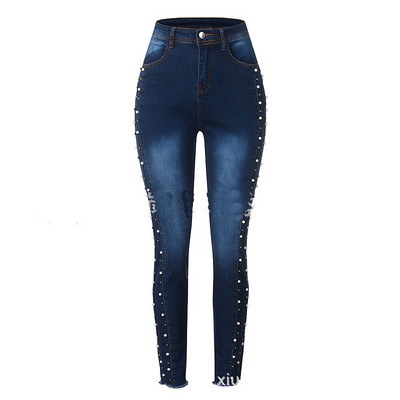 Traperice Hlače Ženske uske uske elastične traper hlače visokog struka Femme Vintage Push Up pencil traperice s plavim perlama