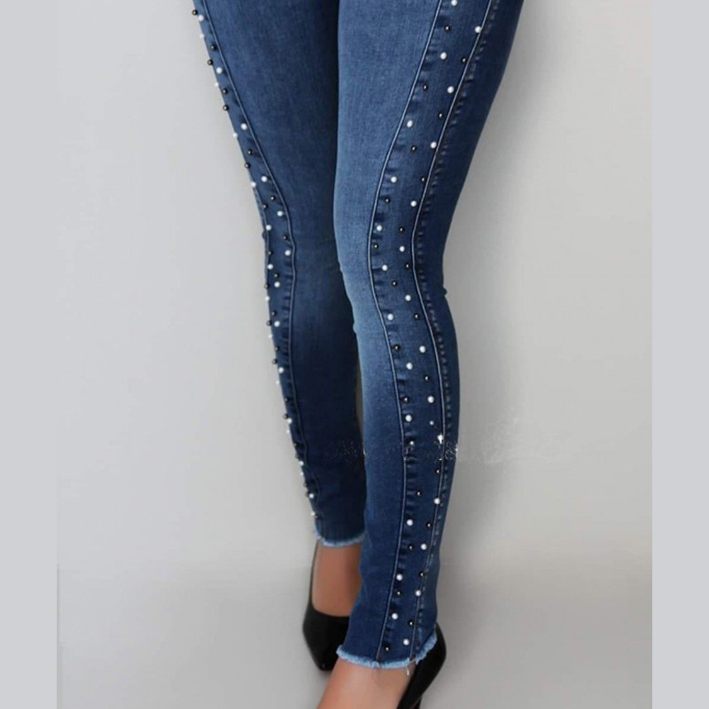 Traperice Hlače Ženske uske uske elastične traper hlače visokog struka Femme Vintage Push Up pencil traperice s plavim perlama