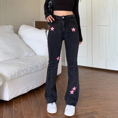 Zvjezdane lepršave traperice Ženske korejske uske traperice s visokim strukom, patchwork, vintage prikladne slatke ležerne ravne traperice