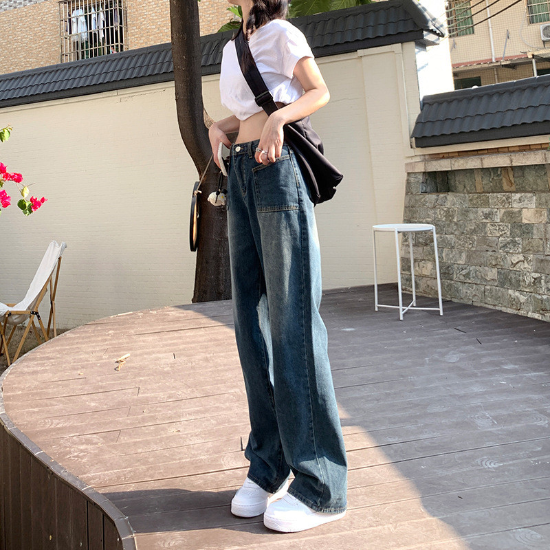 Vintage ženske traperice visokog struka Korejska modna ulična odjeća Ženske traper hlače širokih nogavica Ravne široke Mom traper hlače