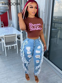 Καλοκαιρινό γυναικείο ψηλόμεσο τζιν μαύρο μαύρο μπλε casual πλαϊνές φούντες τρύπα συνονθύλευμα ψηλό ελαστικό στενό τζιν παντελόνι Άνοιξη Φθινόπωρο