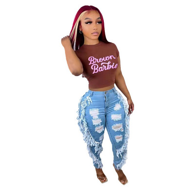 Καλοκαιρινό γυναικείο ψηλόμεσο τζιν μαύρο μαύρο μπλε casual πλαϊνές φούντες τρύπα συνονθύλευμα ψηλό ελαστικό στενό τζιν παντελόνι Άνοιξη Φθινόπωρο