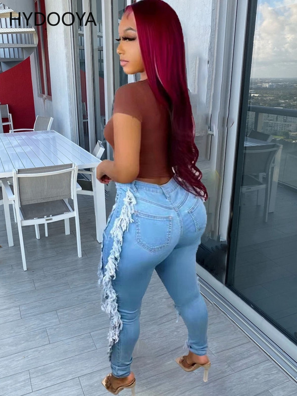 Καλοκαιρινό γυναικείο ψηλόμεσο τζιν μαύρο μαύρο μπλε casual πλαϊνές φούντες τρύπα συνονθύλευμα ψηλό ελαστικό στενό τζιν παντελόνι Άνοιξη Φθινόπωρο