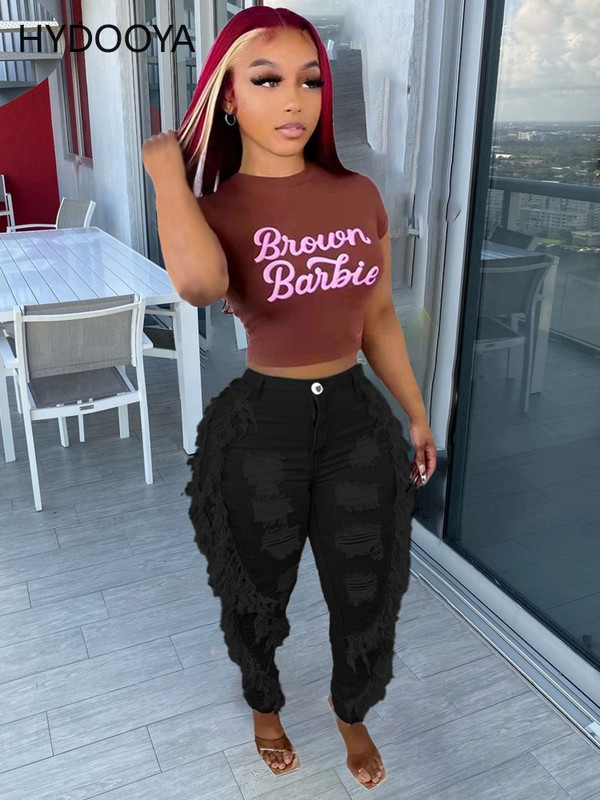 Καλοκαιρινό γυναικείο ψηλόμεσο τζιν μαύρο μαύρο μπλε casual πλαϊνές φούντες τρύπα συνονθύλευμα ψηλό ελαστικό στενό τζιν παντελόνι Άνοιξη Φθινόπωρο