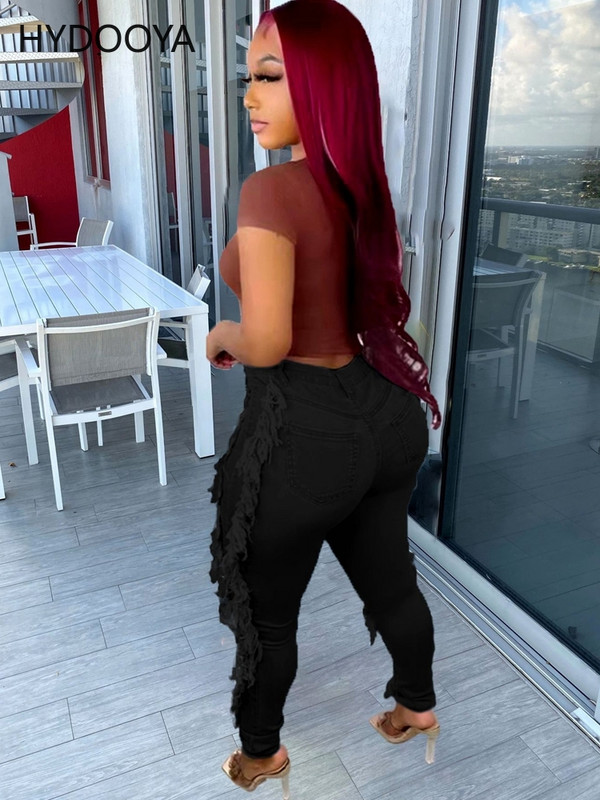 Καλοκαιρινό γυναικείο ψηλόμεσο τζιν μαύρο μαύρο μπλε casual πλαϊνές φούντες τρύπα συνονθύλευμα ψηλό ελαστικό στενό τζιν παντελόνι Άνοιξη Φθινόπωρο