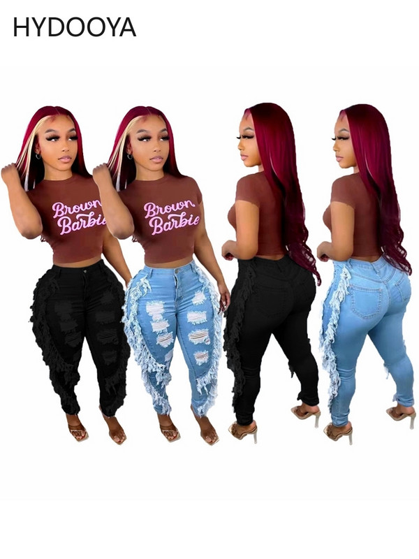 Καλοκαιρινό γυναικείο ψηλόμεσο τζιν μαύρο μαύρο μπλε casual πλαϊνές φούντες τρύπα συνονθύλευμα ψηλό ελαστικό στενό τζιν παντελόνι Άνοιξη Φθινόπωρο