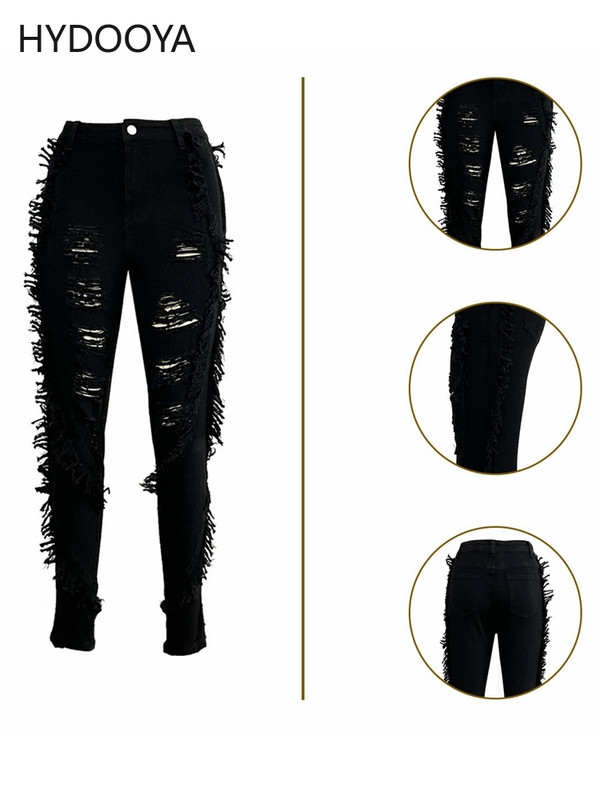 Καλοκαιρινό γυναικείο ψηλόμεσο τζιν μαύρο μαύρο μπλε casual πλαϊνές φούντες τρύπα συνονθύλευμα ψηλό ελαστικό στενό τζιν παντελόνι Άνοιξη Φθινόπωρο