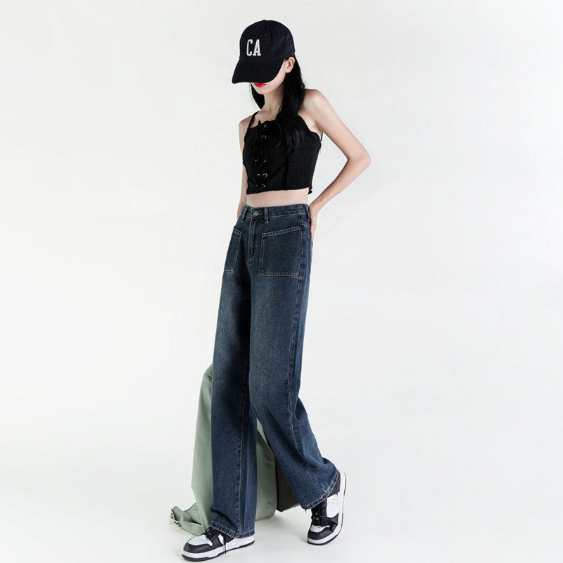 Mėlyni džinsai Moteriškos vintažinės aukšto juosmens mados Aukštos gatvės plačios džinsinės kelnės Vasarinės tiesios, storos kelnės