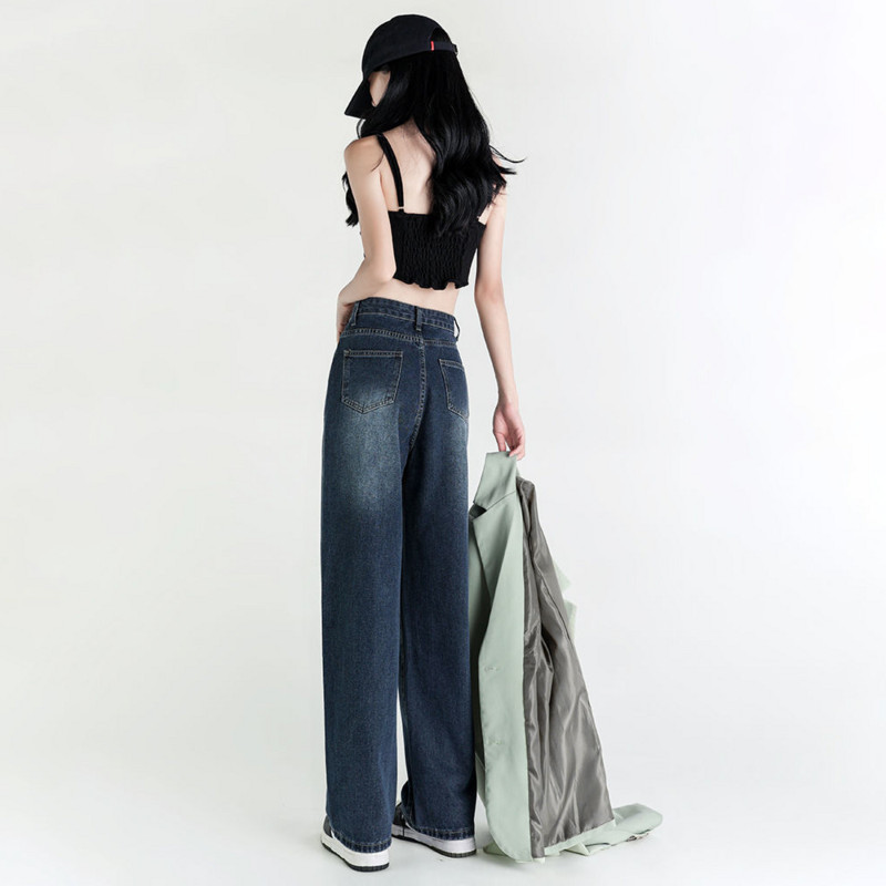 Mėlyni džinsai Moteriškos vintažinės aukšto juosmens mados Aukštos gatvės plačios džinsinės kelnės Vasarinės tiesios, storos kelnės