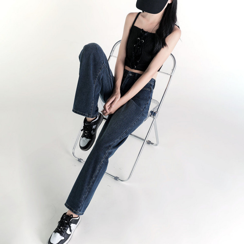 Mėlyni džinsai Moteriškos vintažinės aukšto juosmens mados Aukštos gatvės plačios džinsinės kelnės Vasarinės tiesios, storos kelnės