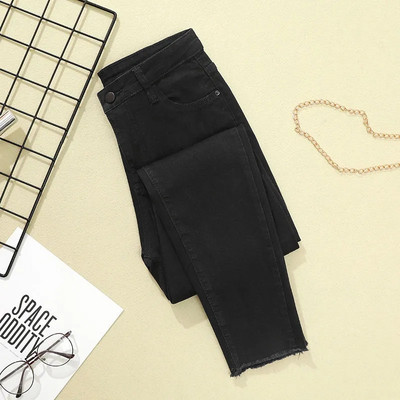 Ženske traper hlače Ženske rastezljive traperice visokog struka Crne uske pencil hlače Modne ležerne hlače s resicama do gležnja Femme